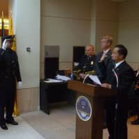 <p>Two of the four detectives elevated to Detective 1rst Grade were present for the ceremony Tuesday.</p>