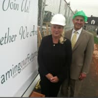 <p>Convent of the Sacred Heart Head of School Pamela Juan Hayes and Assistant Head of School Michael Baber at the groundbreaking ceremony for a new athletic center. The school renamed its main building Salisbury Hall for the late Nancy Salisbury.</p>
