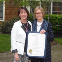 <p>Carol Wilder-Tamme, left, gets a citation from state Rep. Terrie Wood.</p>
