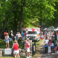 <p>Crowds fill Tilley Park Pond in Darien for the annual Food Fair. </p>