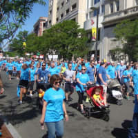 <p>Thousands of people walk in downtown Stamford in support of the Bennett Cancer Center at Stamford Hospital.</p>