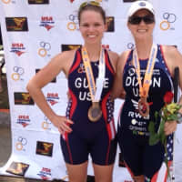 <p>Greenwich&#x27;s Amy Dixon, right, stands with guide Caroline Gaynor after finishing third Sunday in her division of the Pan American Triathlon Confederation paratriathlon championships.</p>