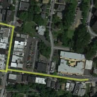 <p>An aerial view of downtown Hastings-on-Hudson and highlighted areas where gas lines work will begin in June.</p>