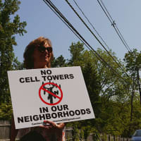 <p>Dozens of people gather at the side of Greens Farms Road in Westport on Tuesday to fight a planned cell tower. </p>