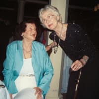 <p>Former Bronxville Village Historian Mary Huber and Founder-Descendant Mrs. Hefti;</p>