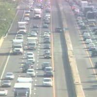 <p>Traffic is bumper to bumper on I-95 near the Darien rest area on Friday. </p>