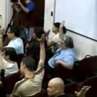<p>Residents raise their hands in agreement with a petition&#x27;s claims that Molly Spillane&#x27;s affects their quality of life. </p>