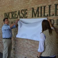 <p>A 50th anniversary banner was unveiled in front of Increase Miller Elementary School.</p>