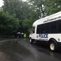 <p>A Harrison Police mobile unit stationed at Cottage Avenue in Purchase near the scene of the fatal plane crash Friday morning.</p>