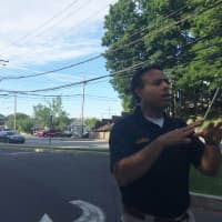 <p>Lt. James Perez of the Fairfield Police Department updates the media on the suspicious package found Friday near the Fairfield train station. </p>