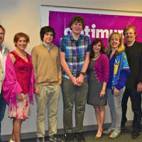 <p>Rep. John Shaban (far right) stands with C-SPAN documentary contest winners James Willis and Daniel Bogaev and their families at Weston High School.</p>