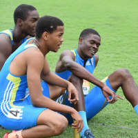<p>Members of the Mount Vernon track team relax between events. </p>