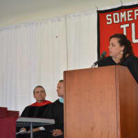 <p>Somers school board President Sarena Meyer speaks at the  commencement.</p>