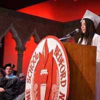 <p>Heather Otero, the commencement&#x27;s student speaker, addresses her classmates.</p>