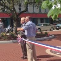 <p>Danbury Mayor Mark Boughton and DPW Director Antonio Iadarola call for others to join them for the ribbon-cutting. </p>