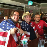 <p>Friends since attending Trumbull High School Rich Deecken, Matt Ricci and Marco Nobili were decked out in American pride at the Colony Grill in Fairfield. </p>
