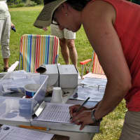 <p>Greens Farms Academy teacher Tamar Cunha writes down the tag numbers, weight and age of each bird that gets tagged. </p>