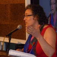 <p>Claudia Jaffe talks at a public hearing on the French-American School of New York&#x27;s proposed 130-acre White Plains campus.</p>