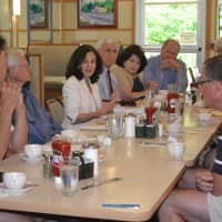 <p>State Rep. Gail Lavielle (R-143) makes a point during breakfast meeting with residents in Wilton.</p>