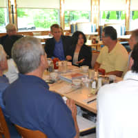 <p>State Sen. Toni Boucher (R-26) makes a point during breakfast meeting with residents in Wilton.</p>