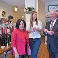 <p>State Sen. Toni Boucher with Olivette owner Alina Lawrence and Westport First Selectman trying some of the products in the new store. </p>