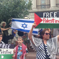 <p>Members of the White Plains social justice organization WESPEC demonstrate at a pro-Israel rally. </p>