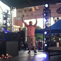<p>A triumphant Barenaked Ladies drummer Tyler Stewart leads the band out on the stage at Alive@Five.</p>