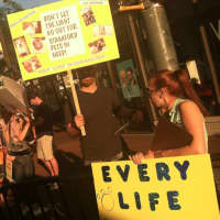 <p>Supporters of fired Stamford Animal Control officer Laurie Hollywood hold a protest outside of Alive@Five.</p>