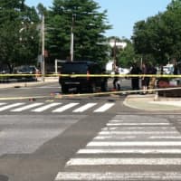 <p>Tape marks the scene of a fatal accident Monday afternoon when a female pedestrian was struck by a Chevrolet SUV around 12:45 p.m. </p>