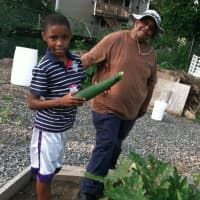 <p>Mardochee Voltaire, 9, holds a zucchini while Fairgate Farm manager Bill Callion looks on.</p>
