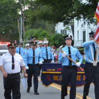 <p>Pound Ridge firefighters march in the Bedford Fire Department&#x27;s parade.</p>