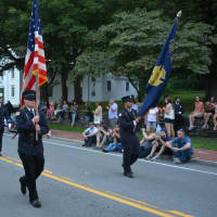<p>Town of Mamaroneck firefighters march in the Bedford parade.</p>