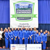 <p>The New Canaan YMCA Aquianas pose at the eSynchro National Synchronized Swimming championships.</p>