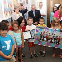<p>State Sen. Toni Boucher (R-Wilton) greets the kids at the YMCA&#x27;s Children&#x27;s Center in Bethel.</p>