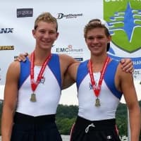 <p>Pound Ridge rowers (from left) Kris Petreski and Liam McDonough won gold at USRowing Club Nationals in Tennessee.</p>