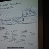 <p>A photo of a slide that addresses a proposed widening of part of Hoags Cross Road, which is near the proposed mosque.</p>