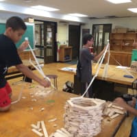 <p>Jonas Varela (left) competes in the marshmallow challenge at Co-Op Camp. </p>