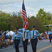 <p>Pound Ridge firefighters march in the South Salem parade.</p>