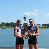 <p>Pound Ridge rowers Liam McDonough (left) and Kris Petreski (right) win the Tank Trophy and gold medals at the 132 Canadian Henley</p>