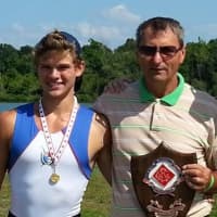 <p>Left to right are  Liam McDonough, Norwalk River Rowing Head Coach Yuri Kolomiets and Kris Petreski.
</p>