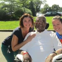 <p>Victoria Gallipani and Antoinette Miraglin with Richard Pringle who was being honored with the ALS Ice Bucket Challenge. </p>