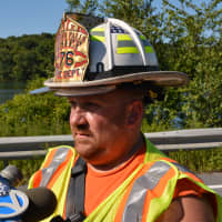 <p>Croton Falls Fire Chief Jason Blauvelt speaks with reporters following a search in the Croton Reservior.</p>