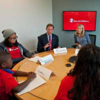 <p>Sen. Richard Blumenthal answers a question as part of a kids roundtable during his visit to Save the Children USA headquarters in Fairfield.</p>