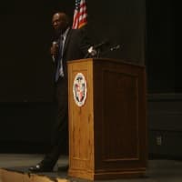 <p>Geoffrey Canada discusses the importance of not giving up on kids during the annual Norwalk Public Schools convocation at Brien McMahon High School.</p>