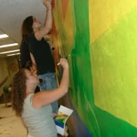 <p>Jacki Loomis, 26, from Meriden, bottom and Heather Ferreira, 36, top from New Haven New Haven, are both art directors with Wilton-based Epsilon and worked on a mural at Trailblazers Academy Charter School  on Lockwood Avenue in Stamford.</p>