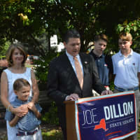 <p>Joe Dillon with his family at a campaign event in Katonah.</p>