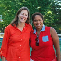 <p>New Canaan Country School Head of Middle School Kirsten Rosolen and Jackque Mclean-Markes share in the opening of Kyles Court.</p>