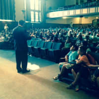 <p>New Superintendent Brian Osborne addresses New Rochelle students on the first day of school on Wednesday, Sept. 3.</p>
