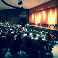 <p>New Rochelle High School students gather on the first day of school.</p>