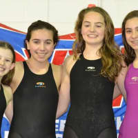 <p>Greenwich Dolphins swimmers (left to right) Meghan Lynch, Taylor Schinto, Emmy Sammons and Kate Hazlett were among the team members that had top finishes in events this summer. </p>
